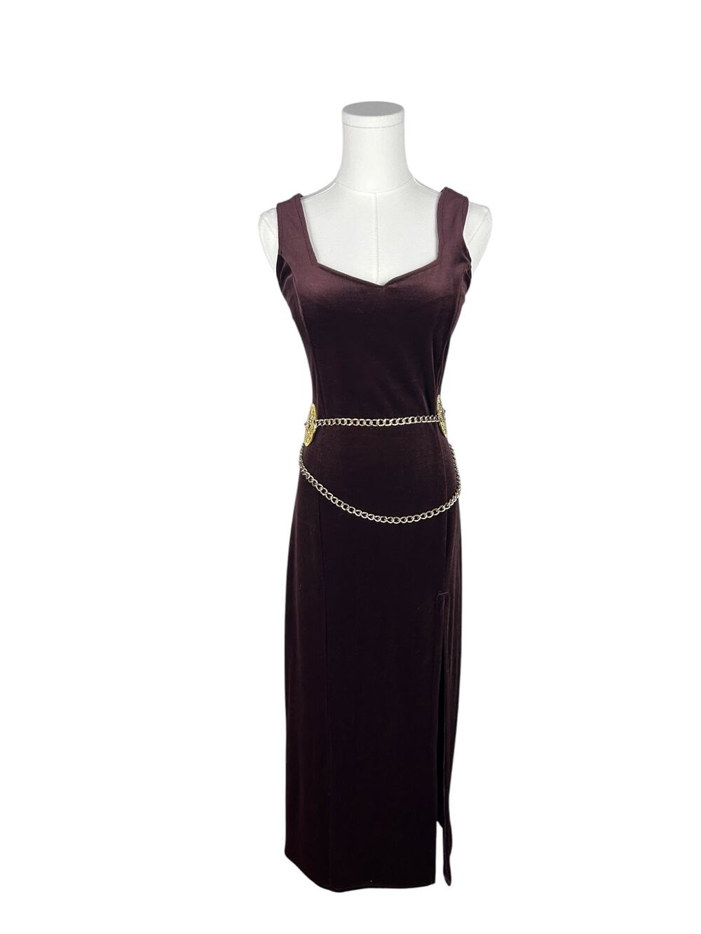 Vintage Made in England Brown Velvet Sweet Heart Neckline Sleeveless Maxi Dress
